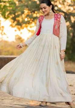 Woven Art Viscose Silk Jacquard Gown in Off White