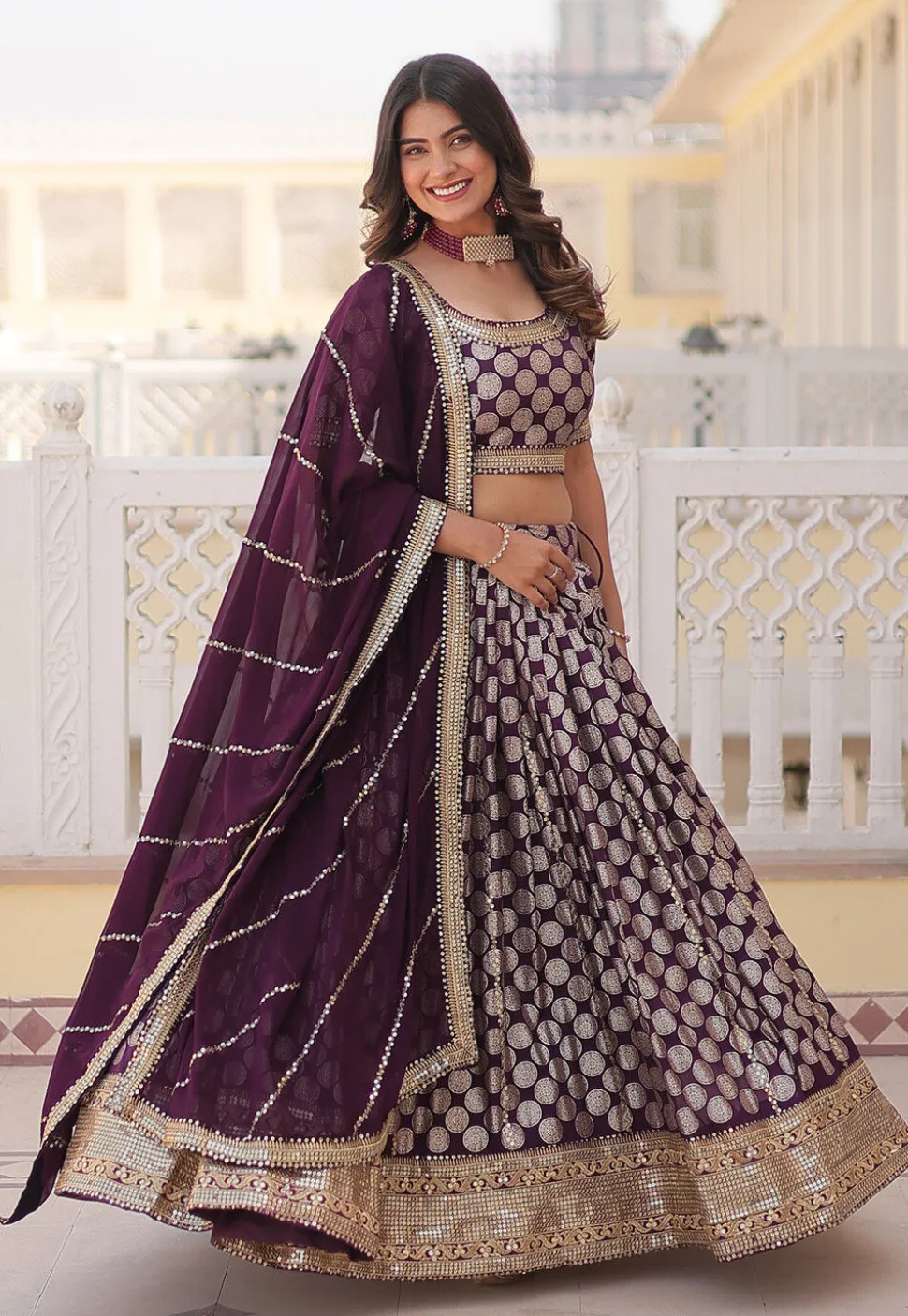 Woven Art Viscose Silk Jacquard Lehenga in Wine