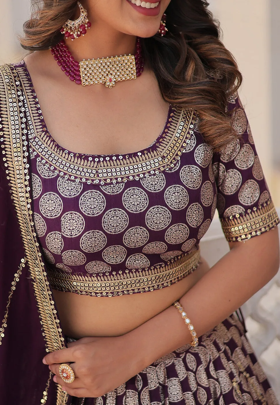 Woven Art Viscose Silk Jacquard Lehenga in Wine