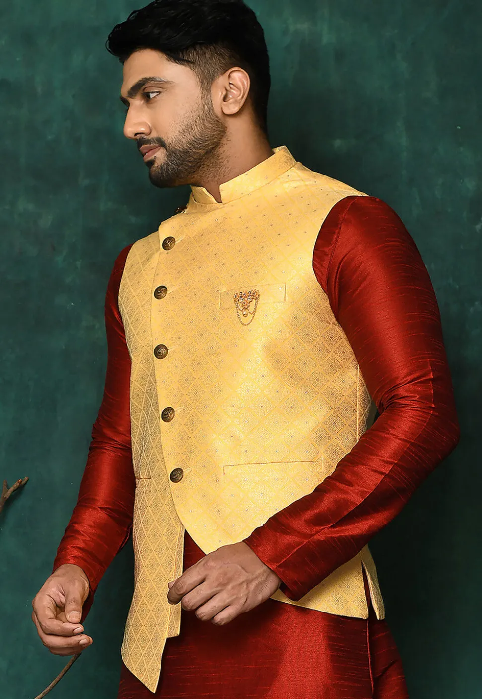 Woven Asymmetric Art Silk Jacquard Nehru Jacket in Yellow