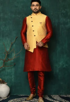 Woven Asymmetric Art Silk Jacquard Nehru Jacket in Yellow