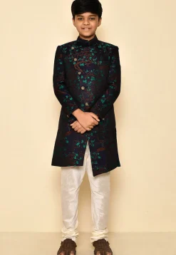 Woven Asymmetric Art Silk Jaquard Sherwani in Navy Blue