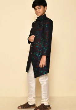 Woven Asymmetric Art Silk Jaquard Sherwani in Navy Blue