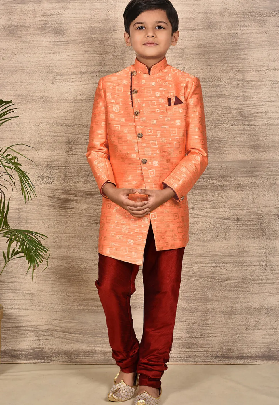 Woven Asymmetric Art Silk Jaquard Sherwani in Peach
