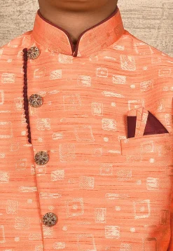 Woven Asymmetric Art Silk Jaquard Sherwani in Peach