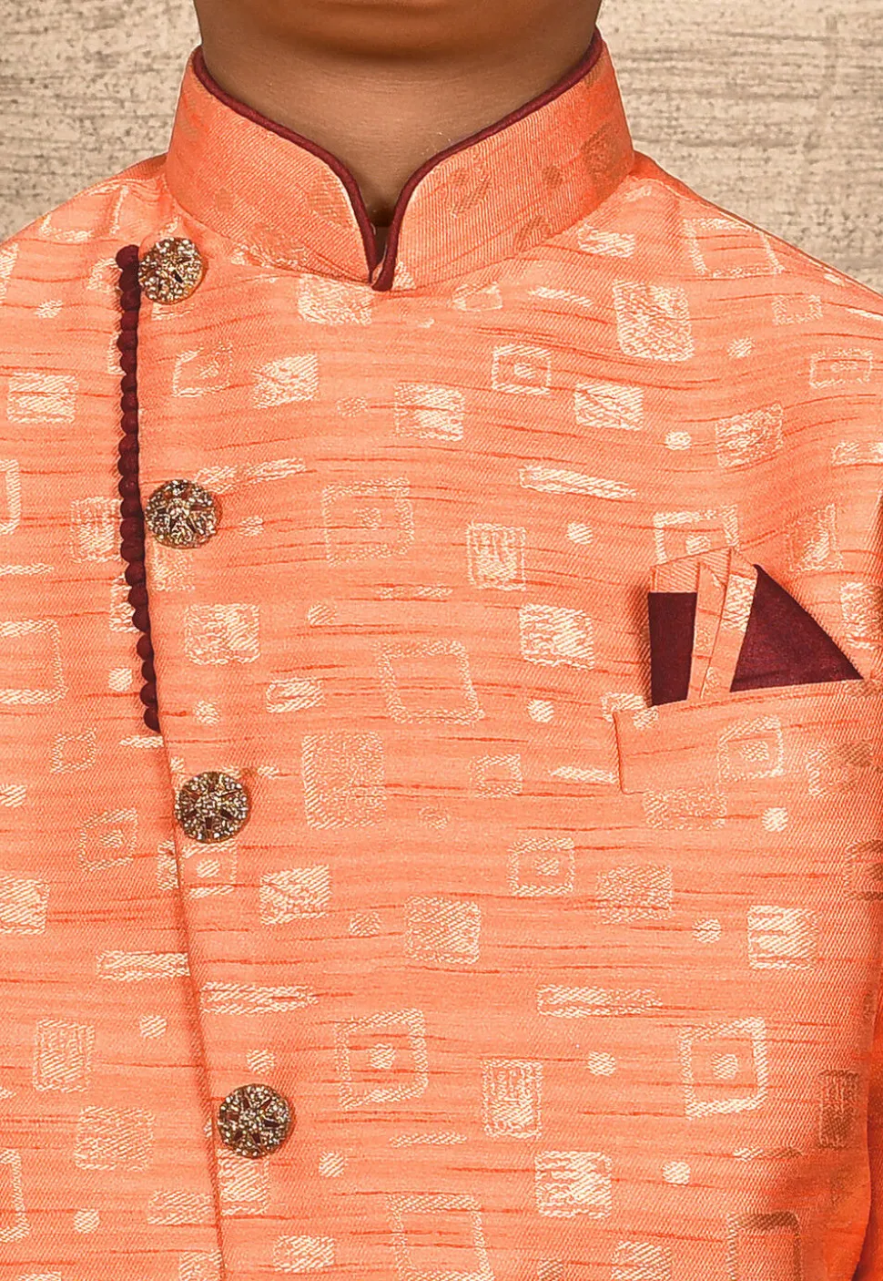 Woven Asymmetric Art Silk Jaquard Sherwani in Peach