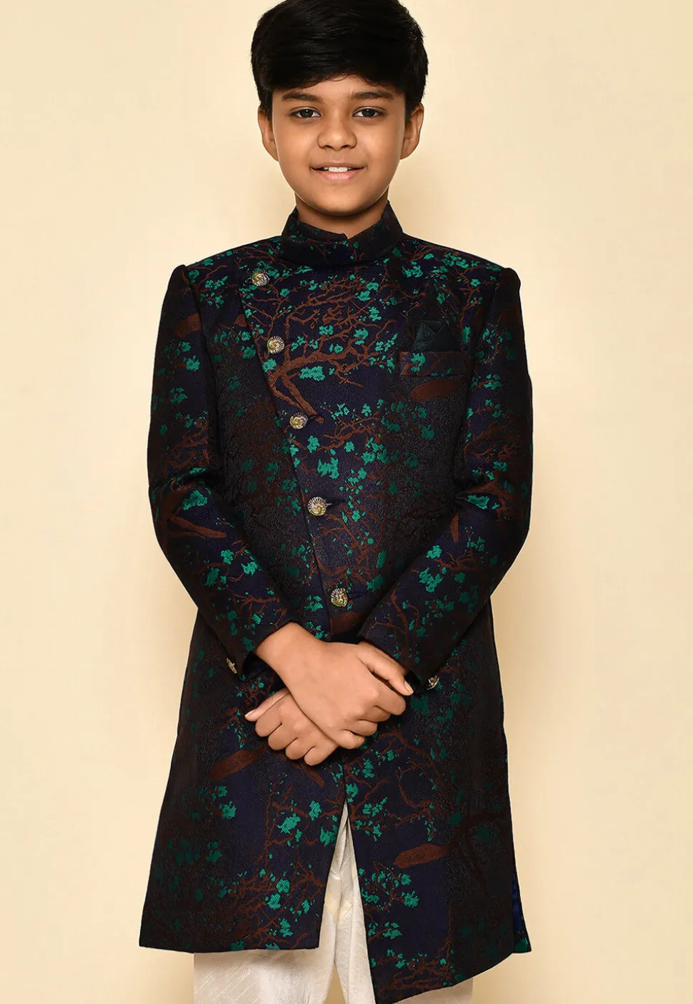 Woven Asymmetric Art Silk Jaquard Sherwani in Navy Blue