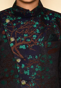 Woven Asymmetric Art Silk Jaquard Sherwani in Navy Blue