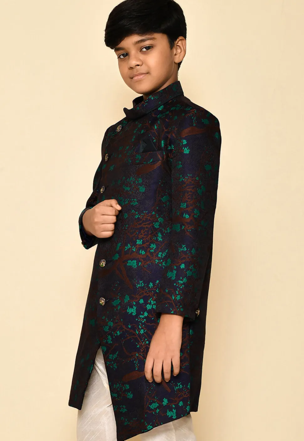 Woven Asymmetric Art Silk Jaquard Sherwani in Navy Blue