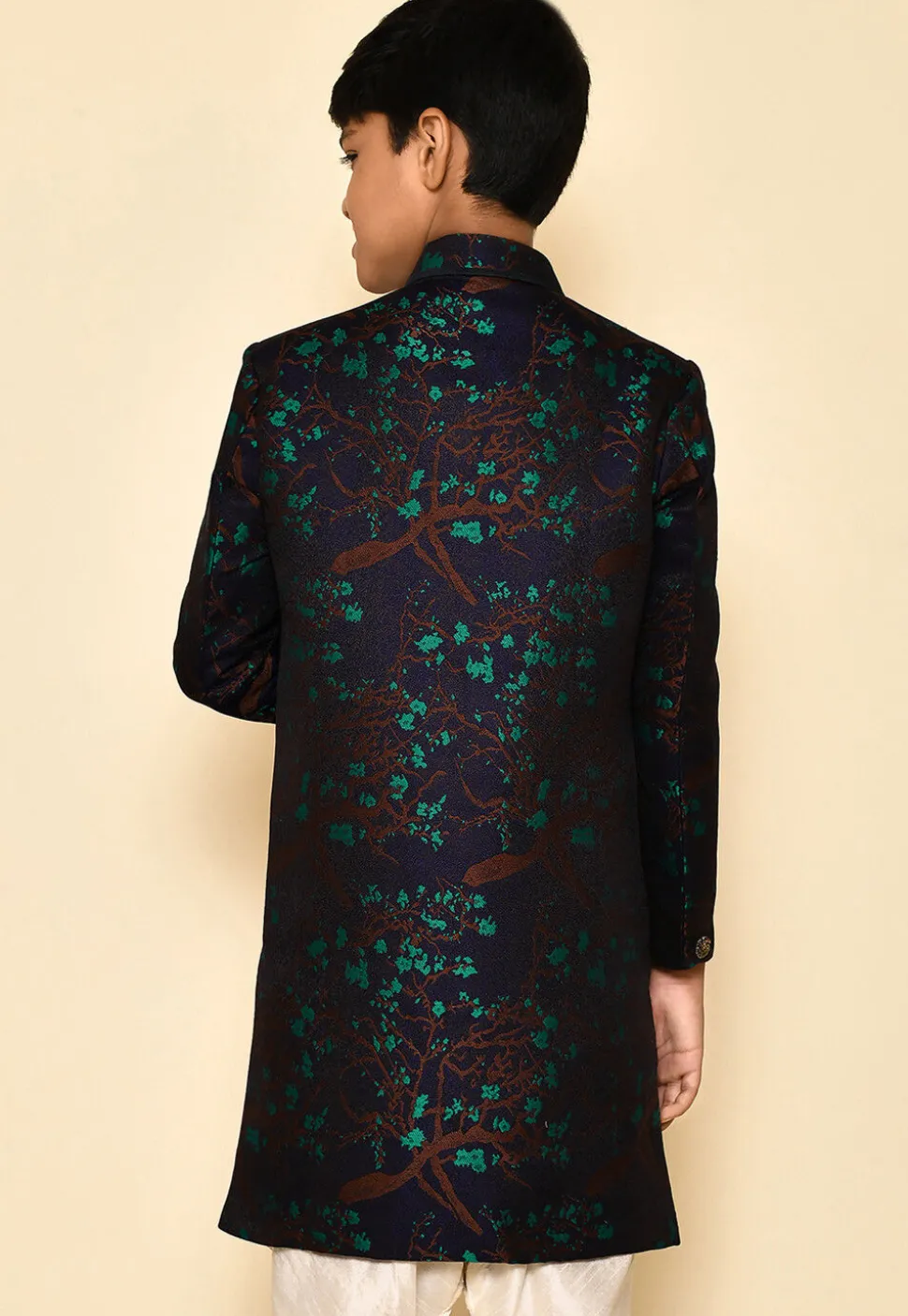 Woven Asymmetric Art Silk Jaquard Sherwani in Navy Blue