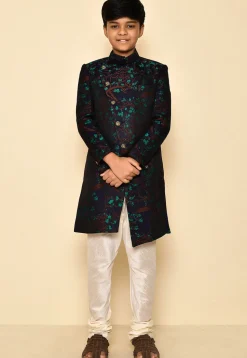 Woven Asymmetric Art Silk Jaquard Sherwani in Navy Blue