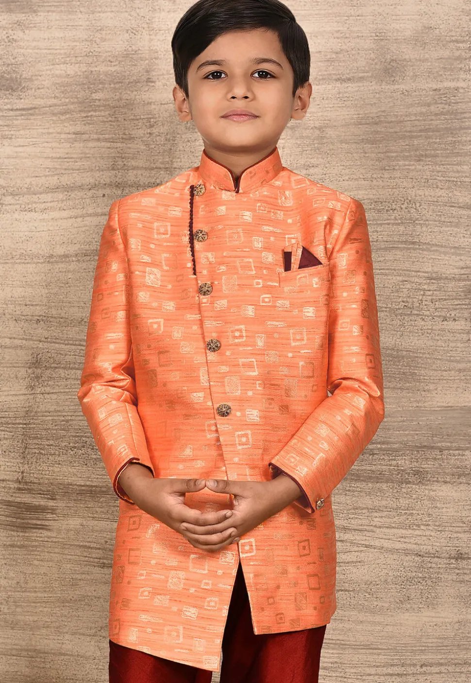 Woven Asymmetric Art Silk Jaquard Sherwani in Peach
