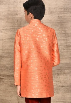 Woven Asymmetric Art Silk Jaquard Sherwani in Peach