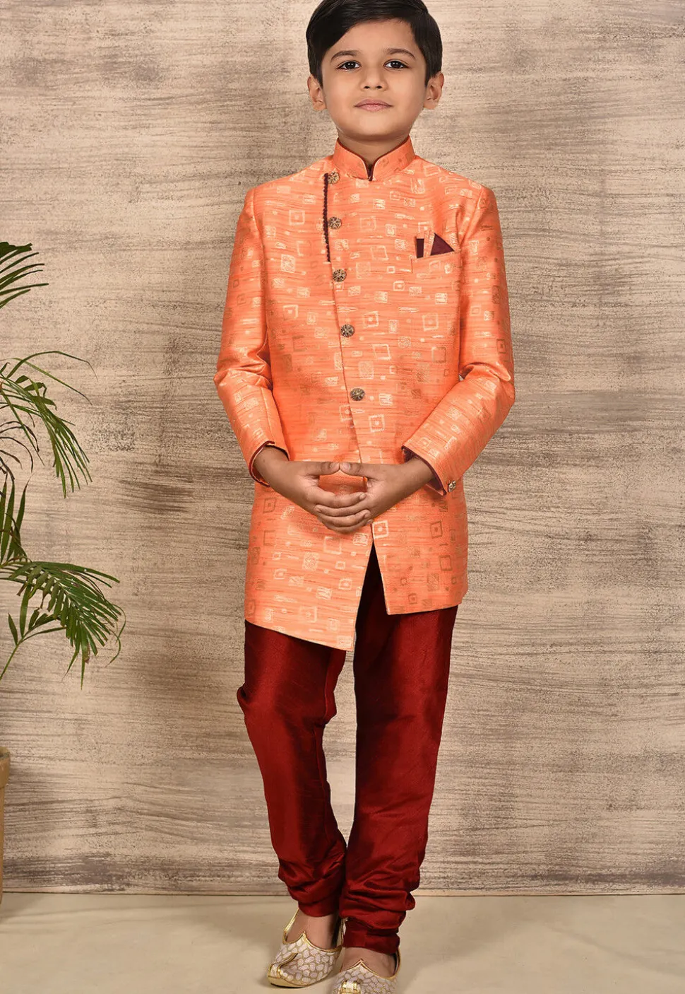 Woven Asymmetric Art Silk Jaquard Sherwani in Peach