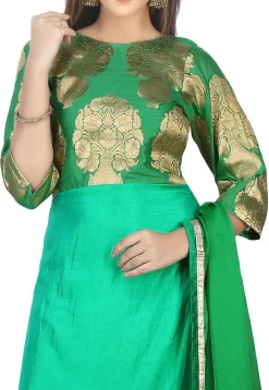Woven Banarasi Silk A Line Suit in Green