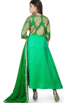 Woven Banarasi Silk A Line Suit in Green