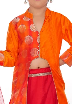 Woven Banarasi Silk Lehenga in Red and Orange