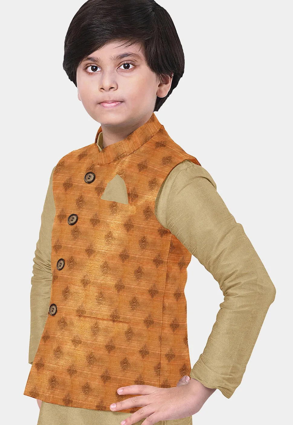 Woven Banarasi Silk Nehru Jacket in Orange