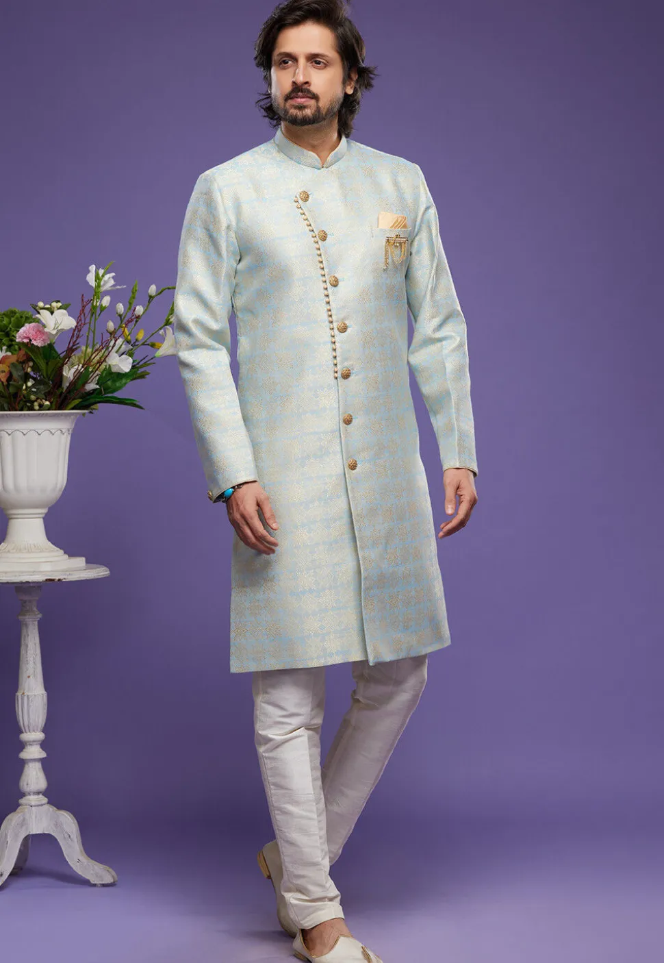 Woven Banarasi Silk Sherwani in Sky Blue