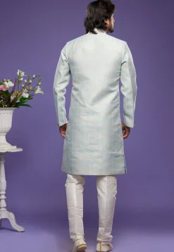 Woven Banarasi Silk Sherwani in Sky Blue