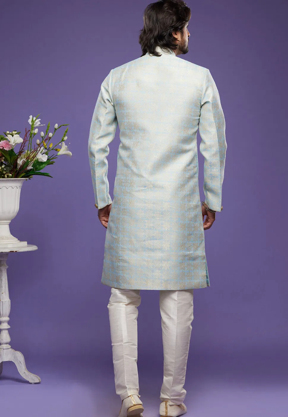 Woven Banarasi Silk Sherwani in Sky Blue
