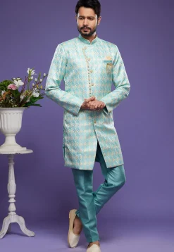 Woven Banarasi Silk Sherwani in Light Blue