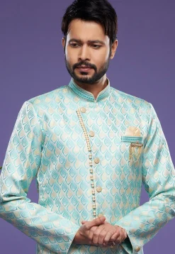Woven Banarasi Silk Sherwani in Light Blue