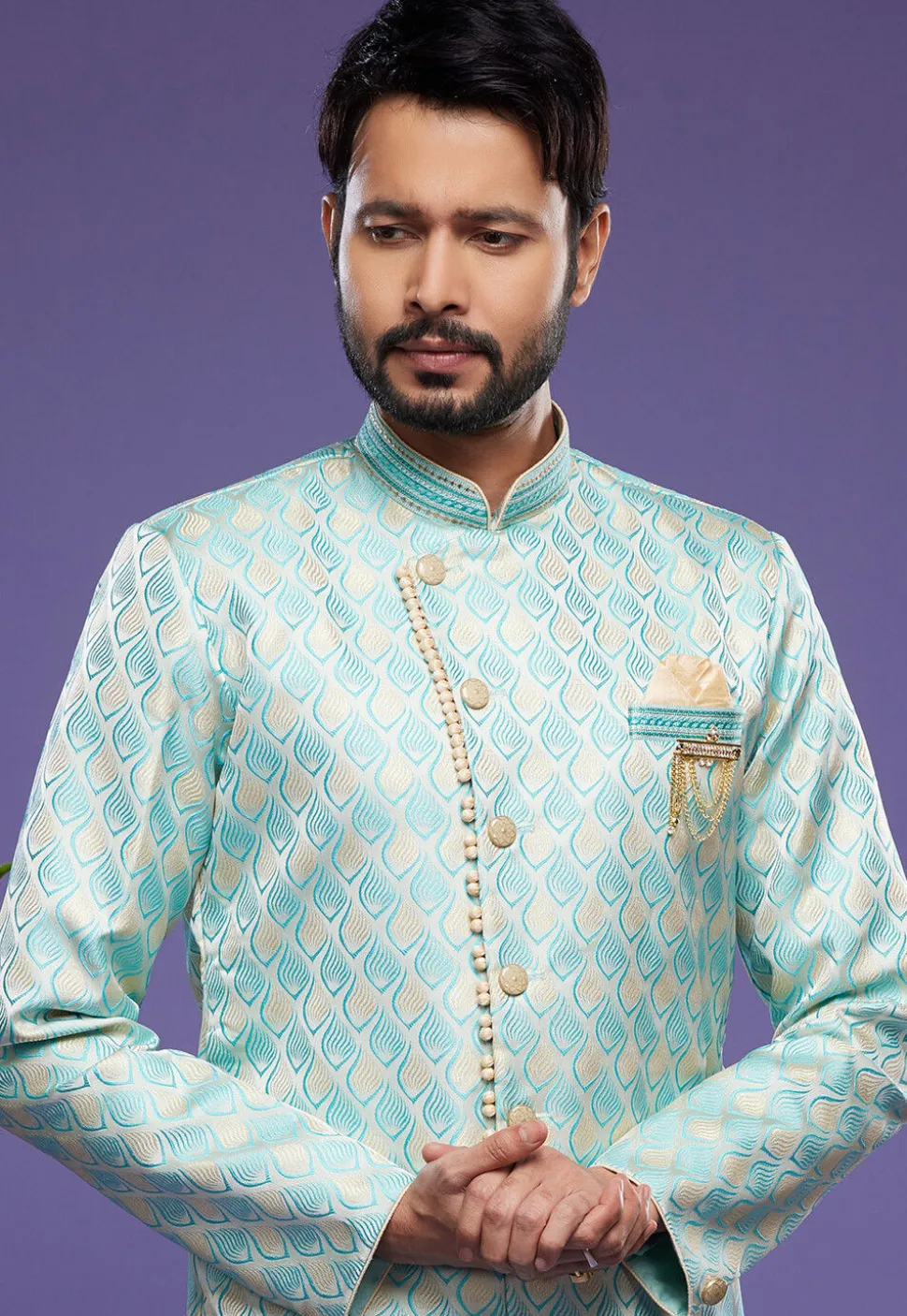Woven Banarasi Silk Sherwani in Light Blue