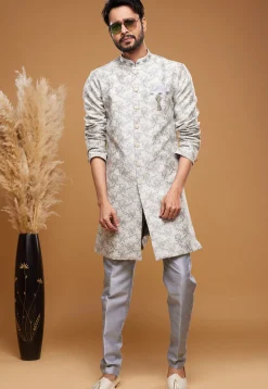 Woven Banarasi Silk Sherwani in Off White