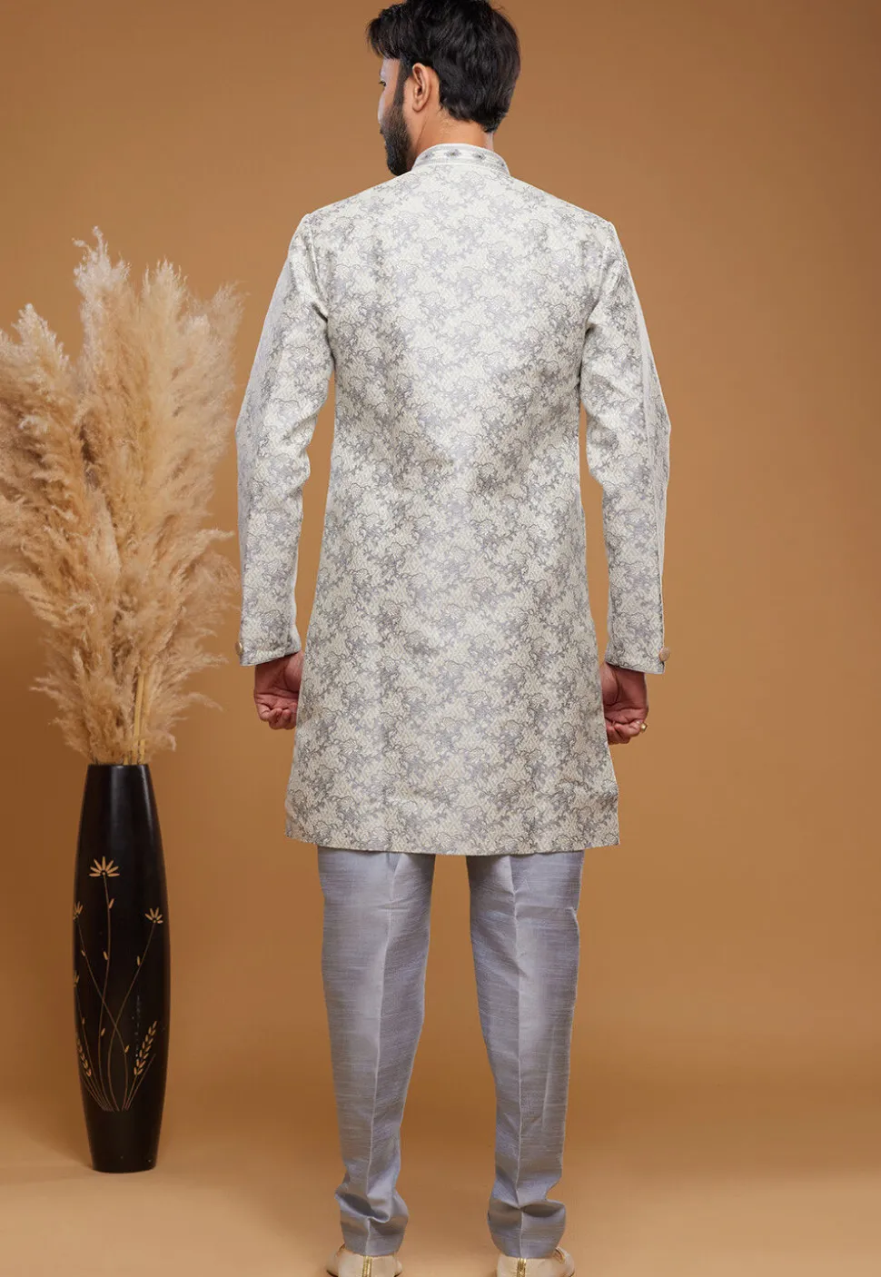 Woven Banarasi Silk Sherwani in Off White
