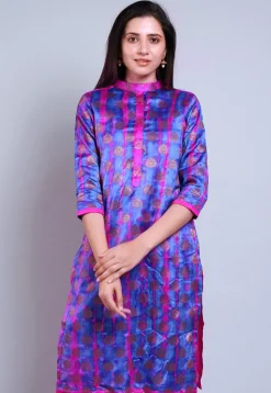 Woven Banarasi Silk Straight Kurta in Indigo Blue and Fuchsia