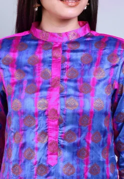 Woven Banarasi Silk Straight Kurta in Indigo Blue and Fuchsia