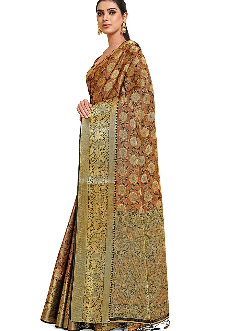 Woven Bangalore Silk Saree in Rust