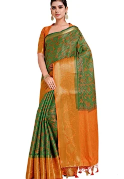 Woven Bangalore Silk Saree in Dark Green