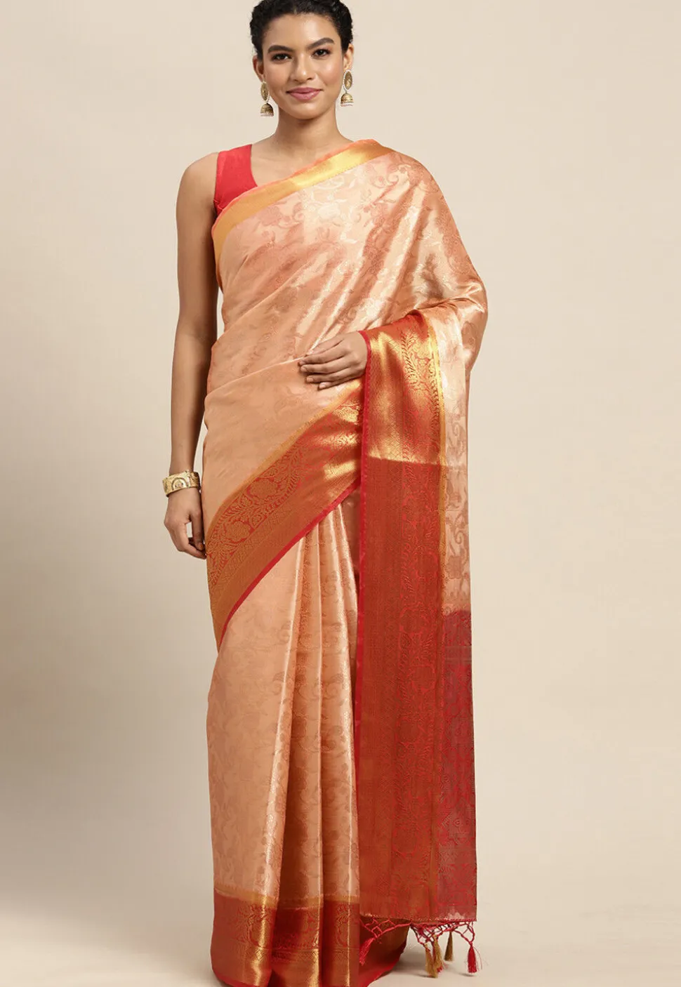 Woven Bangalore Silk Saree in Light Peach