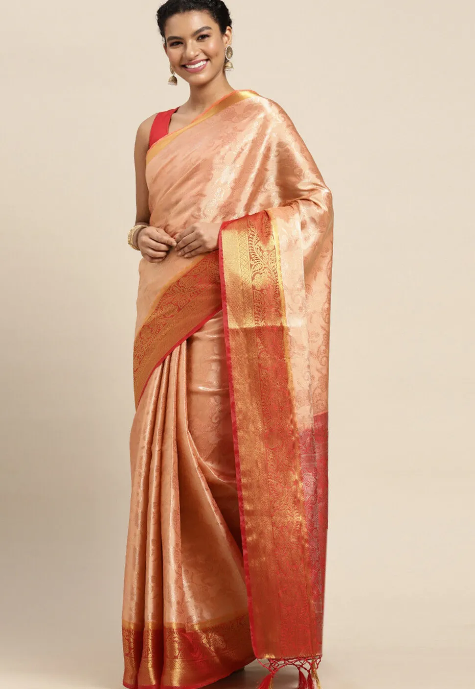 Woven Bangalore Silk Saree in Light Peach