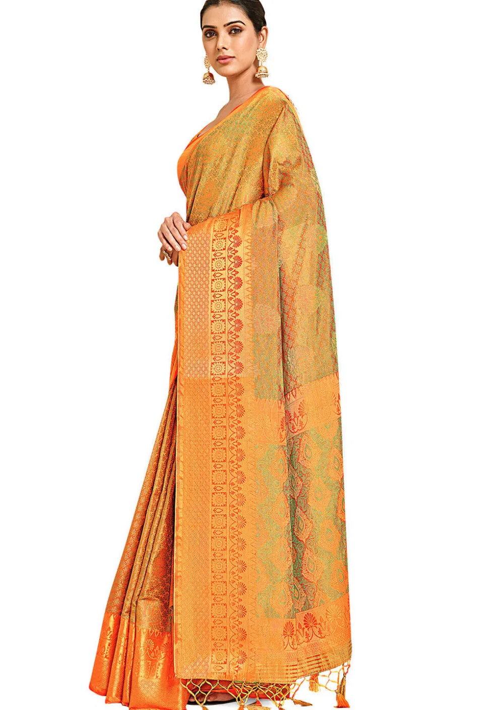 Woven Bangalore Silk Saree in Golden and Orange