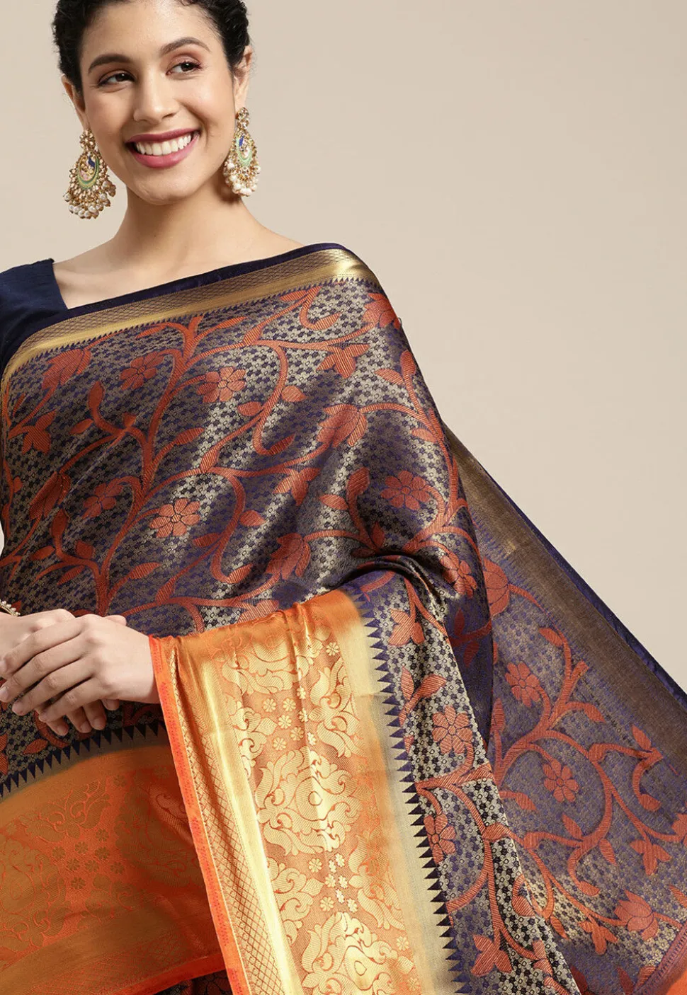 Woven Bangalore Silk Saree in Dark Blue