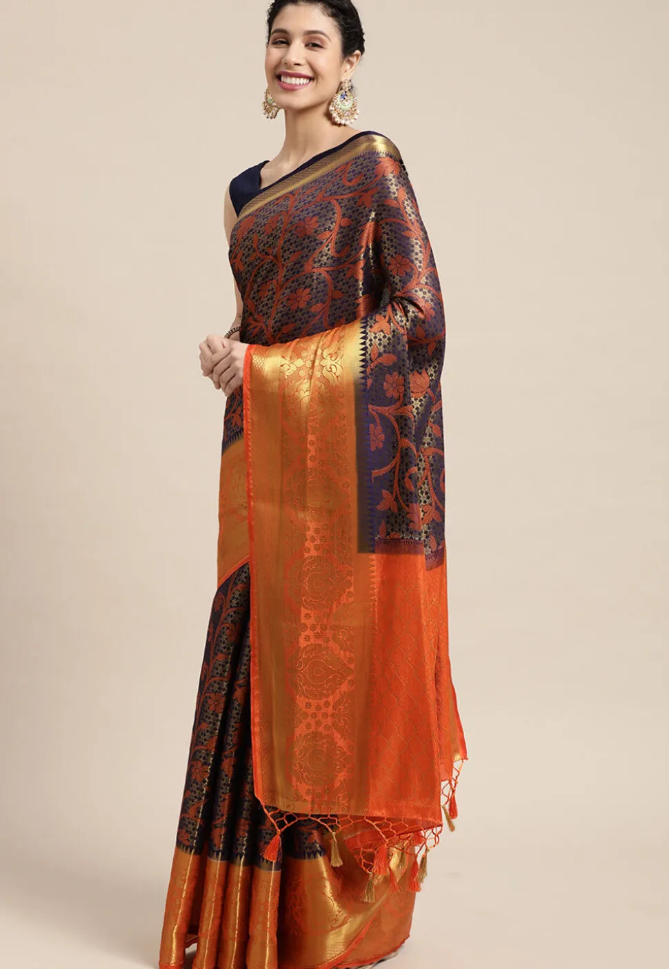 Woven Bangalore Silk Saree in Dark Blue