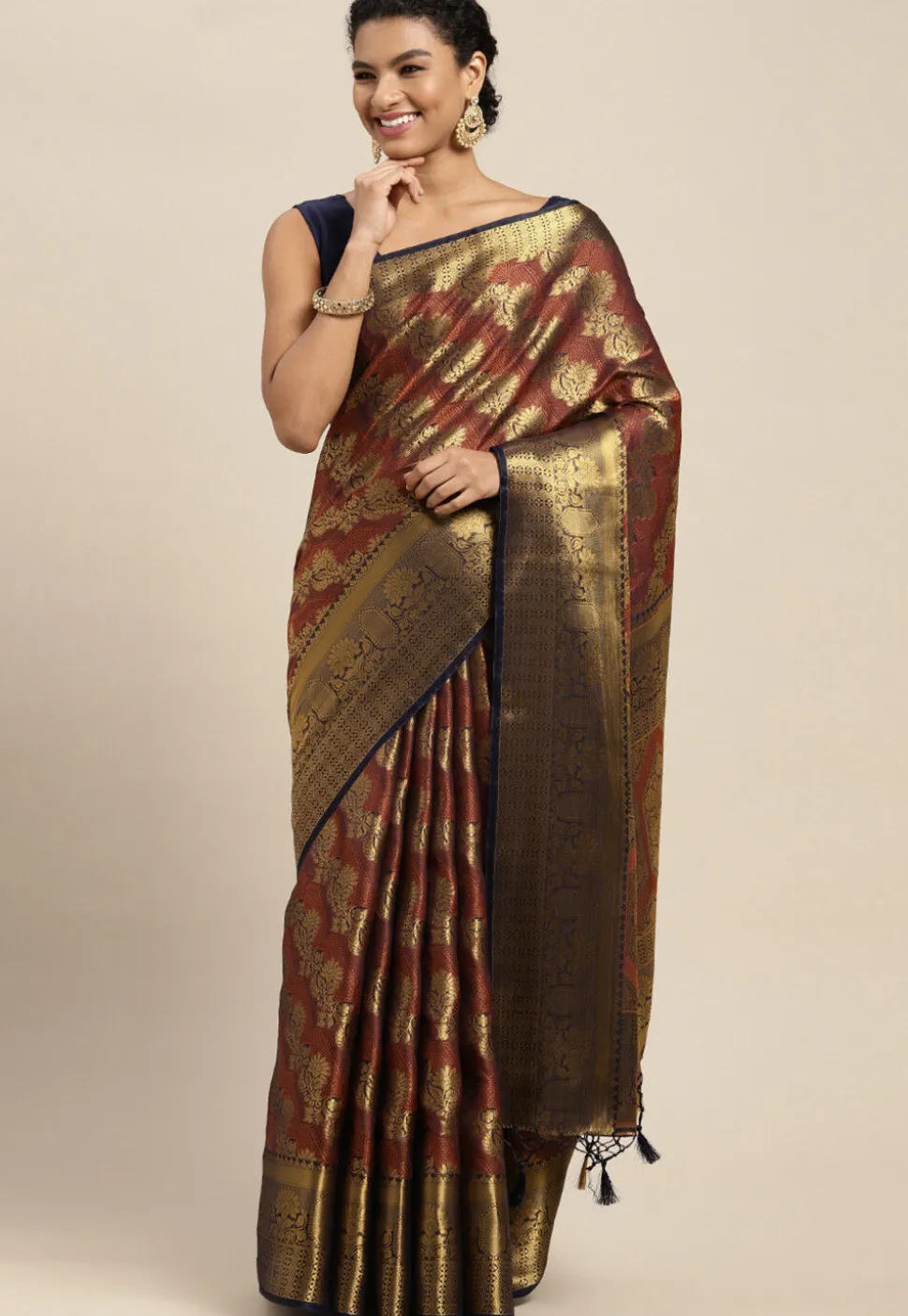 Woven Bangalore Silk Saree in Navy Blue