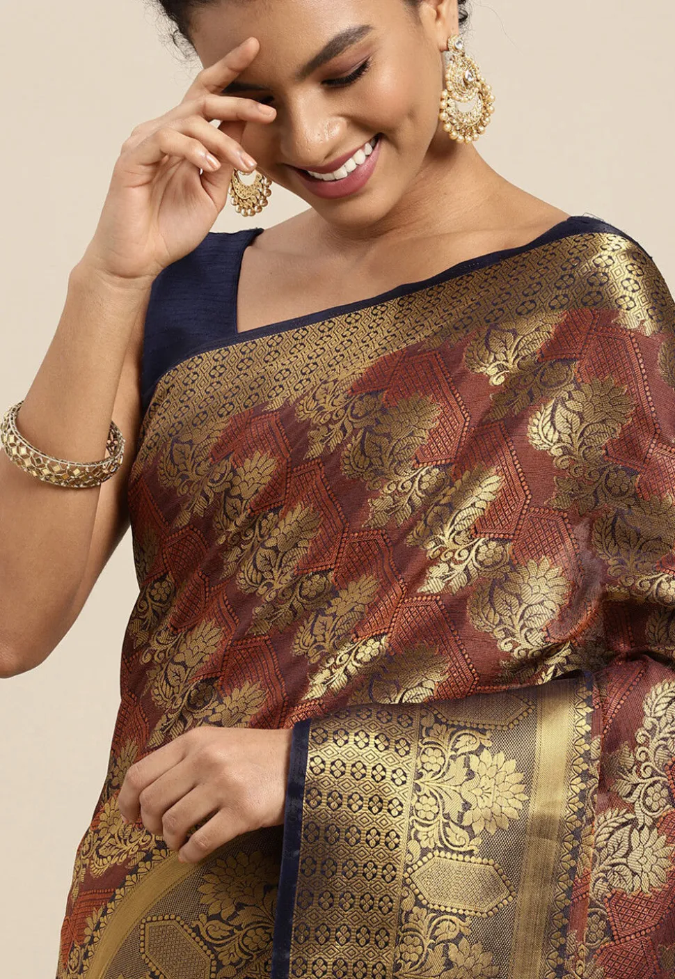 Woven Bangalore Silk Saree in Navy Blue