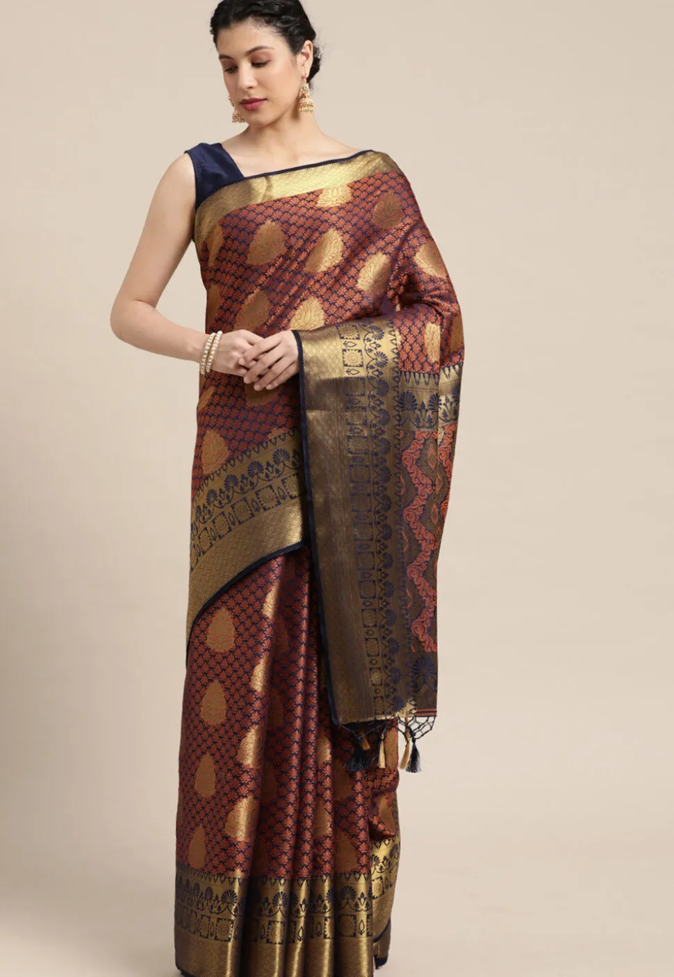 Woven Bangalore Silk Saree in Dark Blue