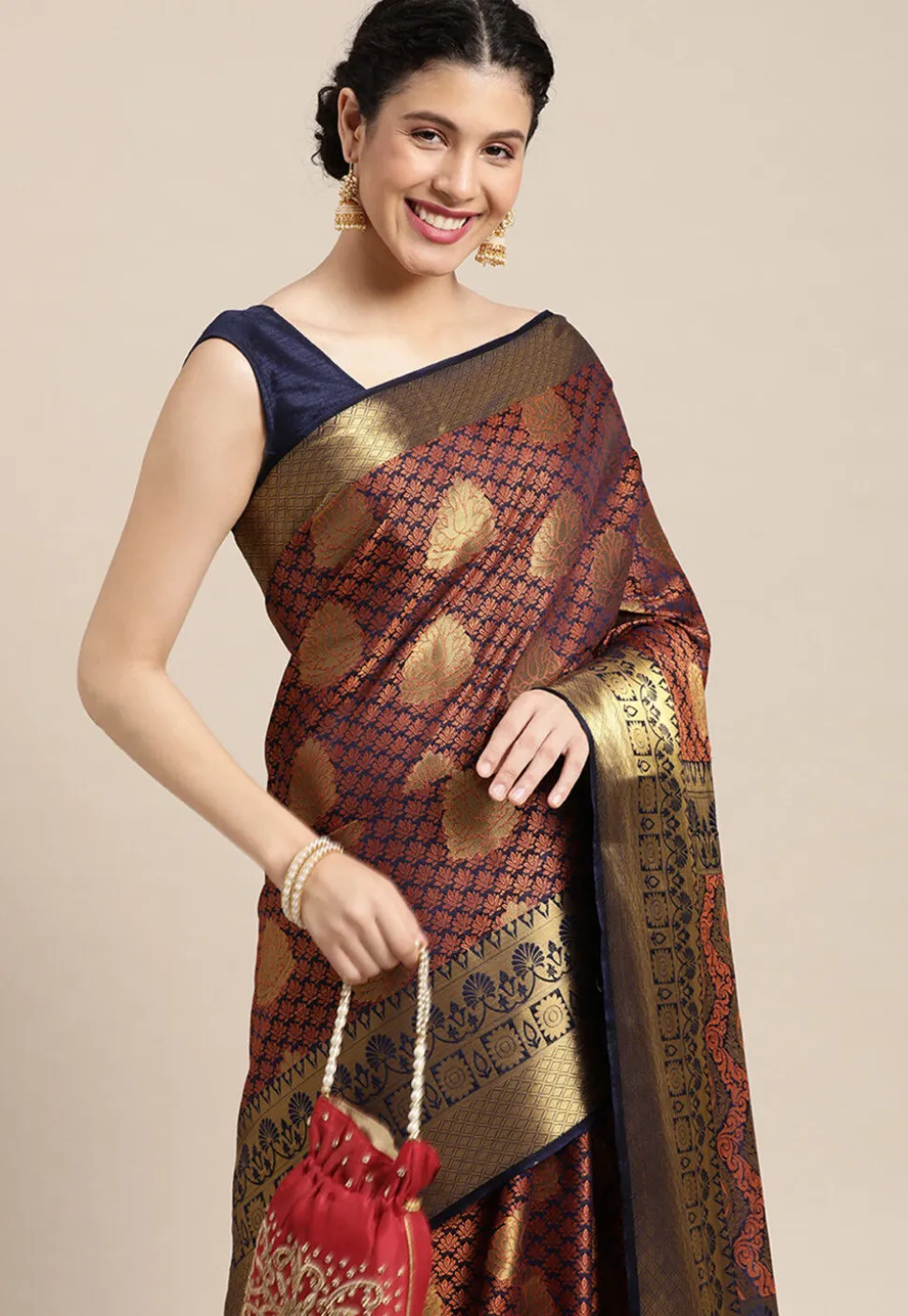 Woven Bangalore Silk Saree in Dark Blue