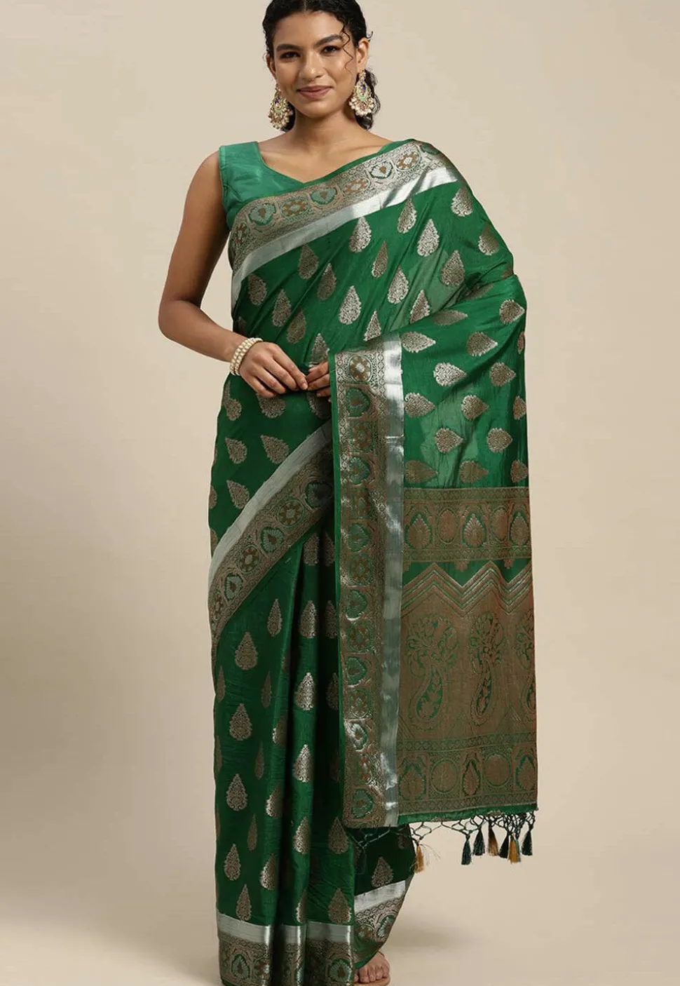 Woven Bangalore Silk Saree in Dark Teal Green