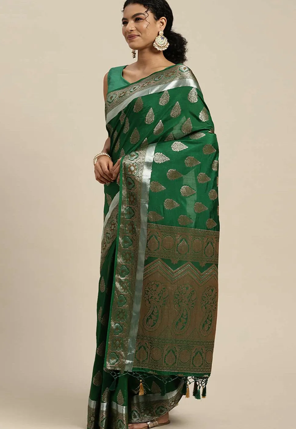 Woven Bangalore Silk Saree in Dark Teal Green
