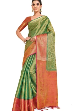 Woven Bangalore Silk Saree in Golden and Teal Green