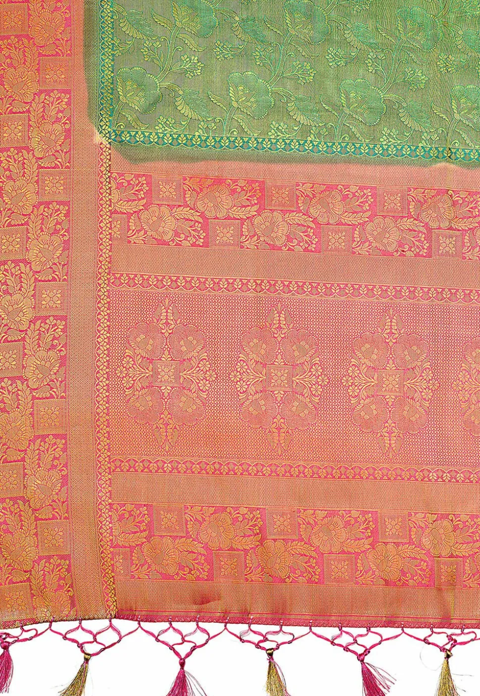 Woven Bangalore Silk Saree in Golden and Teal Green