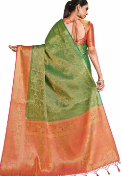Woven Bangalore Silk Saree in Golden and Teal Green