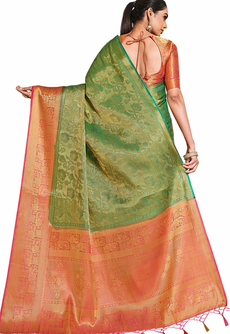 Woven Bangalore Silk Saree in Golden and Teal Green