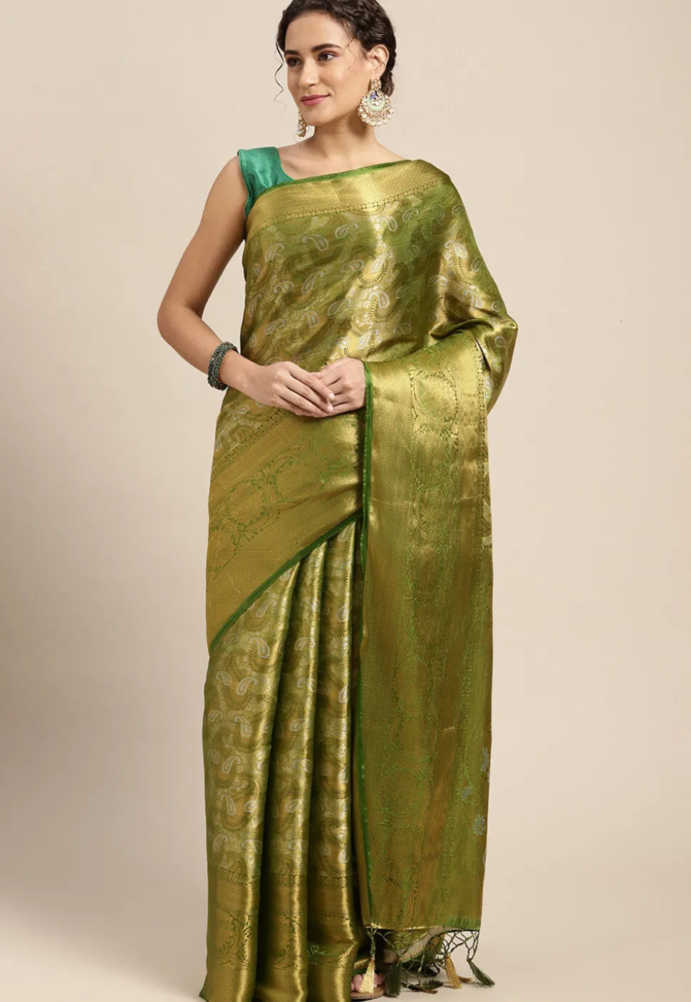 Woven Bangalore Silk Saree in Olive Green